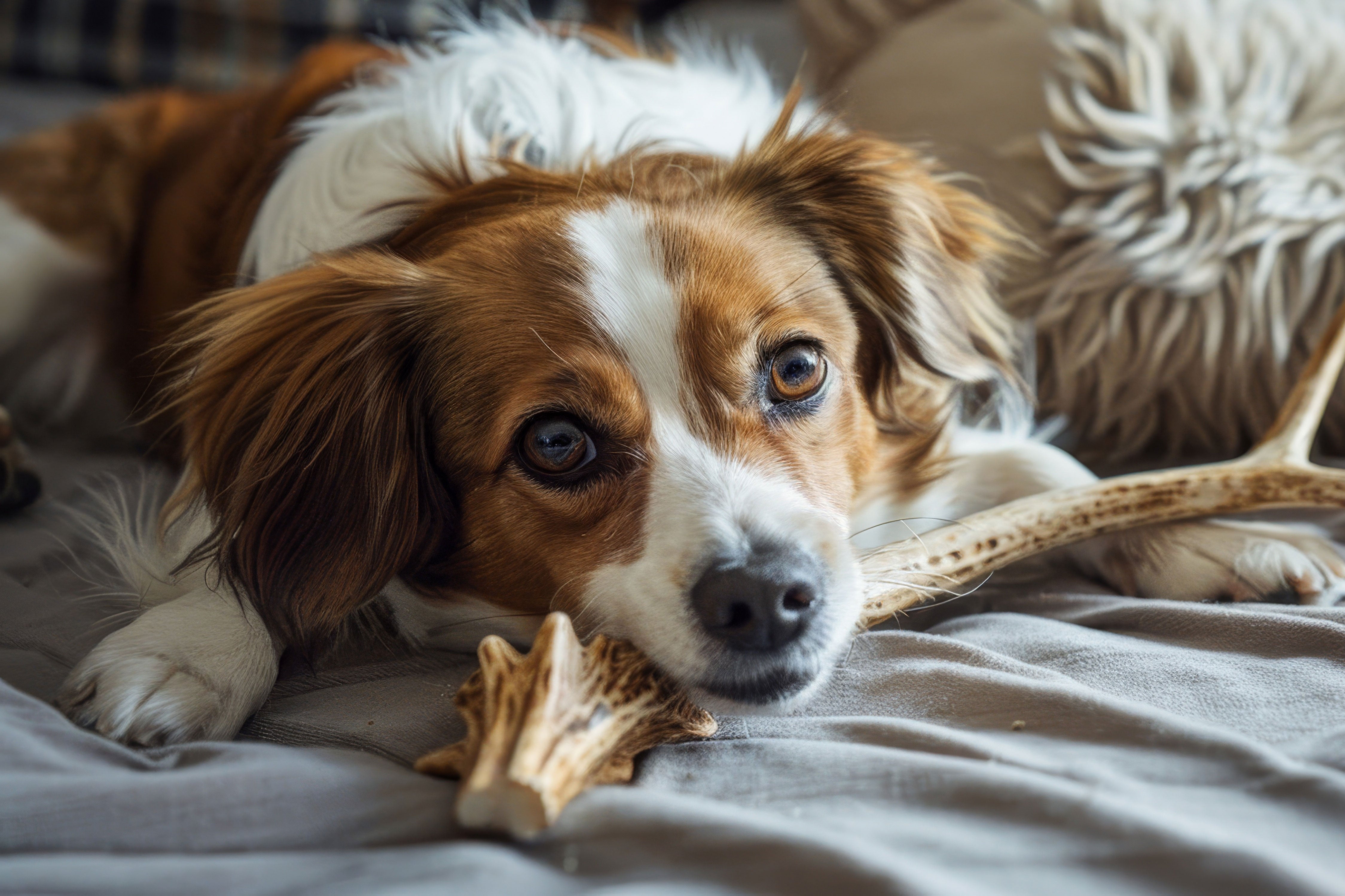 Dog lying on a bed with an antler chew in its mouth