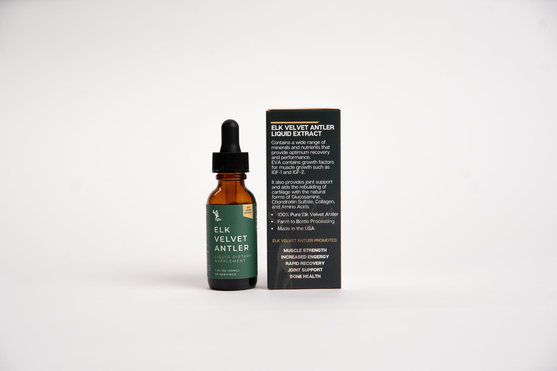 Elk Velvet Antler Liquid Dietary Supplement bottle dropper and box