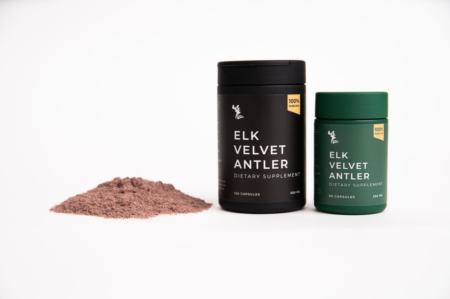 Two containers of elk velvet antler supplement with a pile of supplement powder on a white background