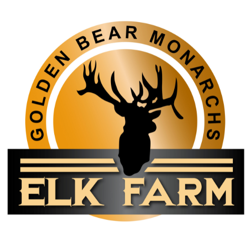 Logo of Golden Bear Monarchs Elk Farm with a silhouette of an elk and text.