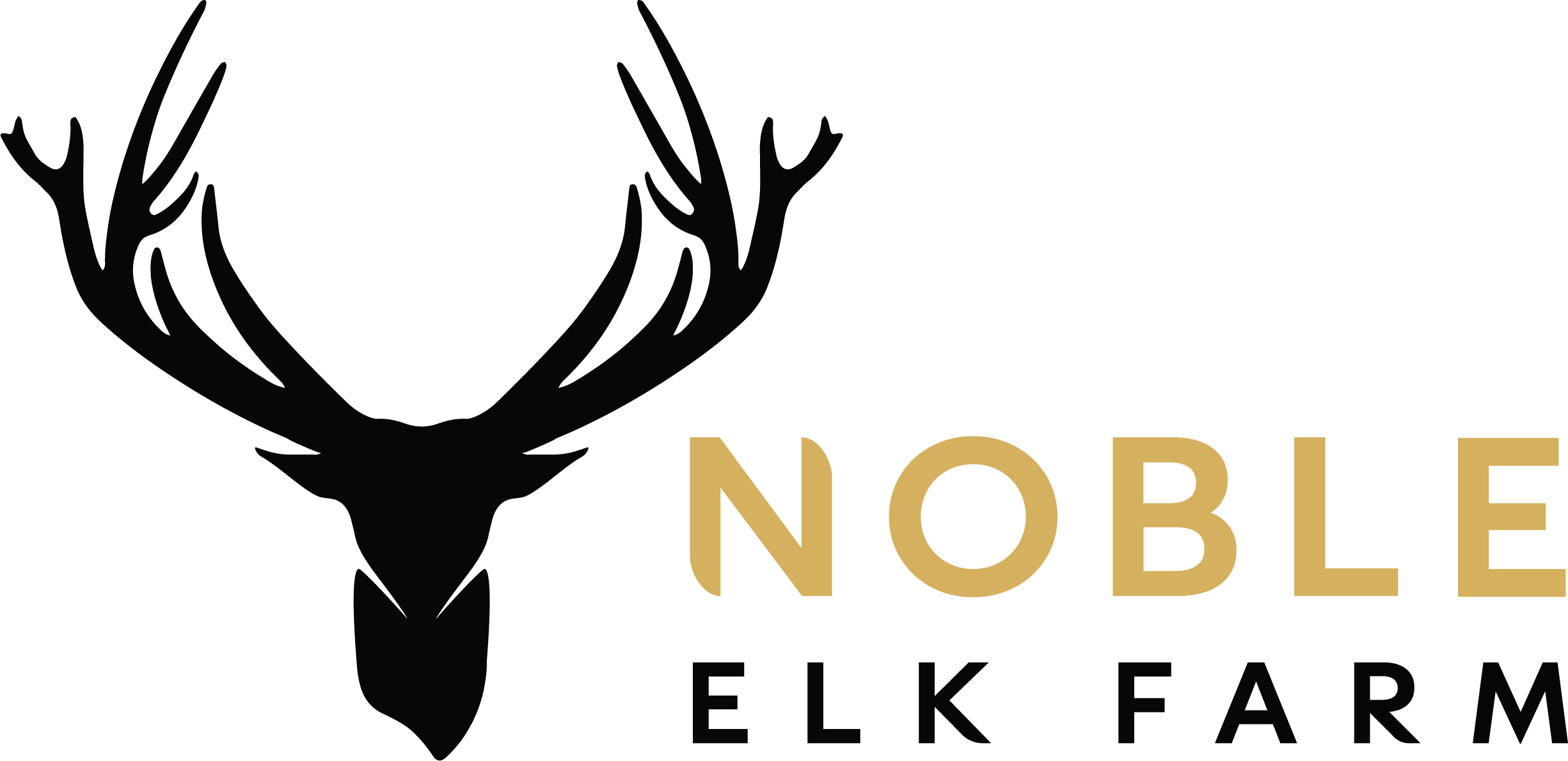 Logo of Noble Elk Farm with a silhouette of an elk head and the brand name in gold and black.