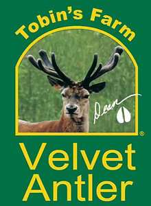 Logo for Tobin's Farm Velvet Antler with a deer image on a green background